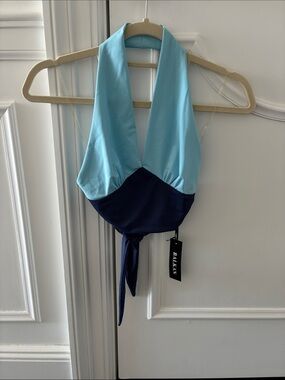 Reversible Halter Swim Top in Light Blue and Navy